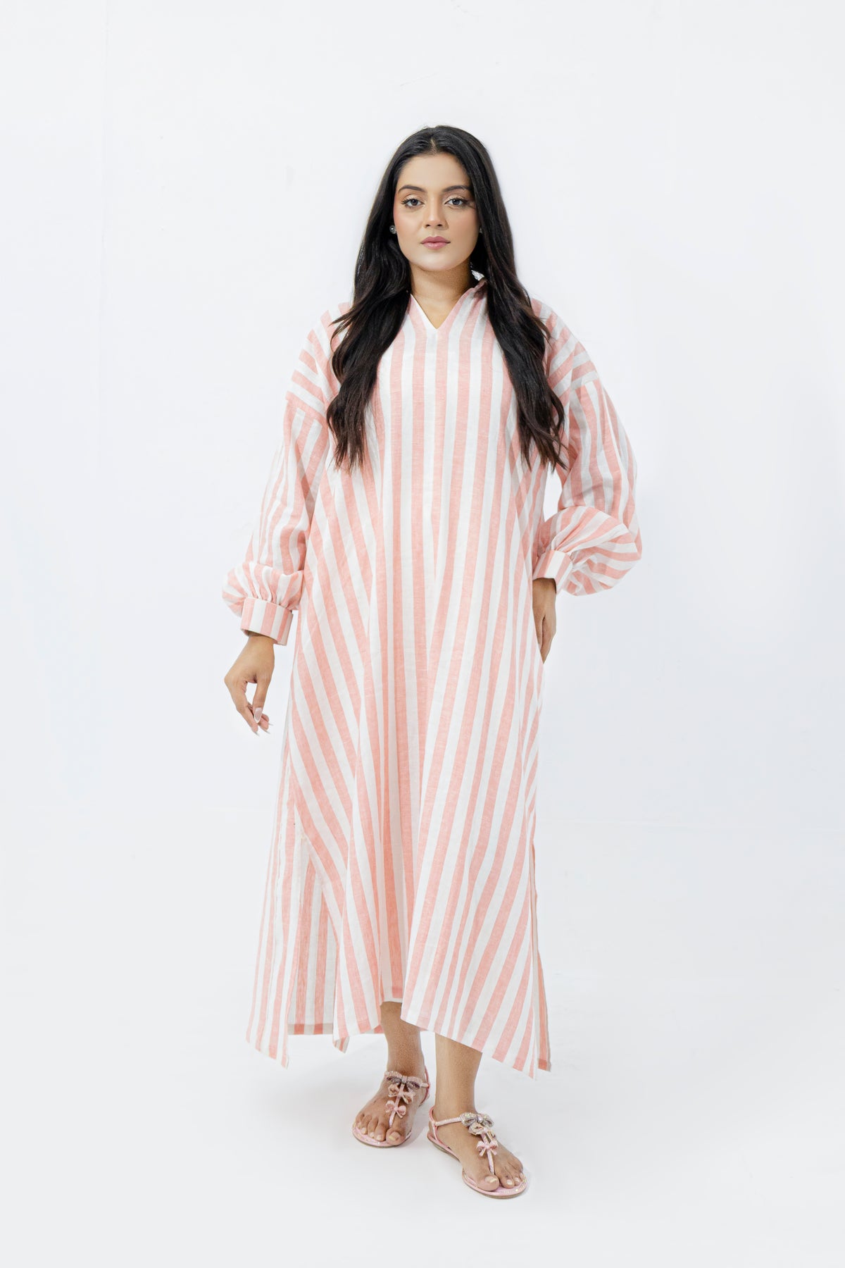Blush Pink & White Striped Pure Irish Linen Relaxed Long Shirt