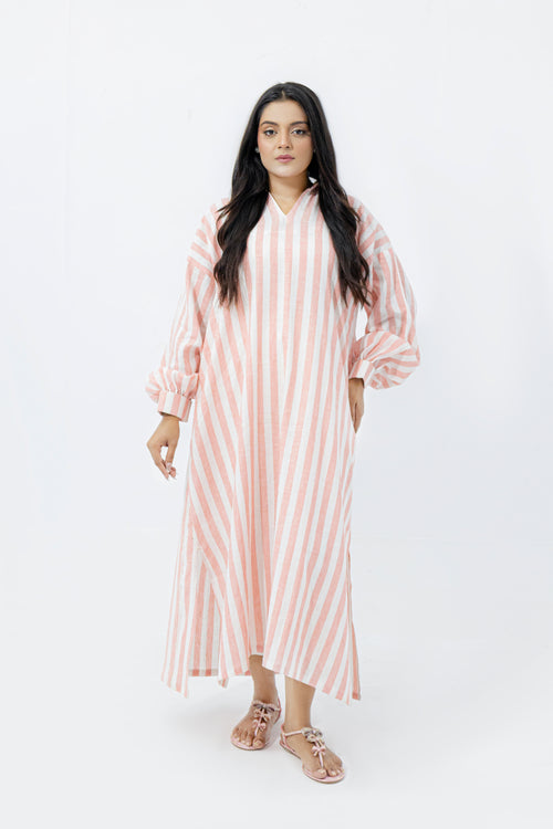 Blush Pink & White Striped Pure Irish Linen Relaxed Long Shirt