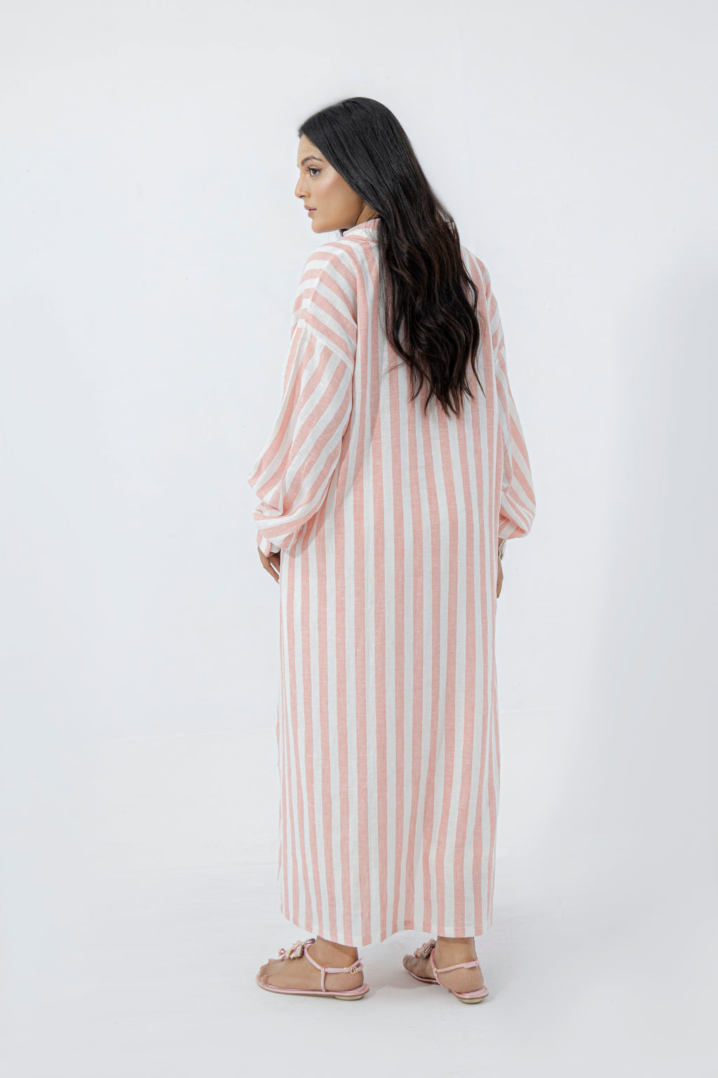 Blush Pink & White Striped Pure Irish Linen Relaxed Long Shirt