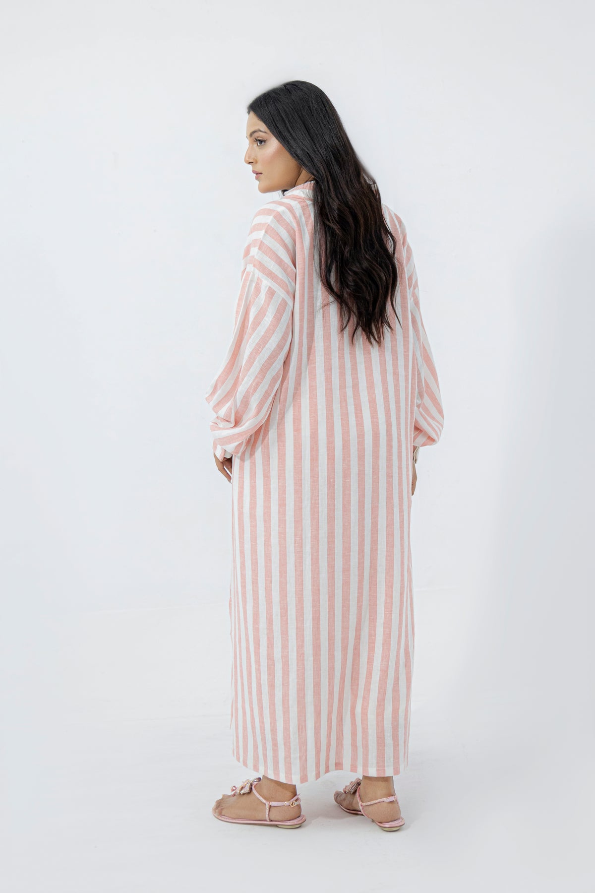 Blush Pink & White Striped Pure Irish Linen Relaxed Long Shirt