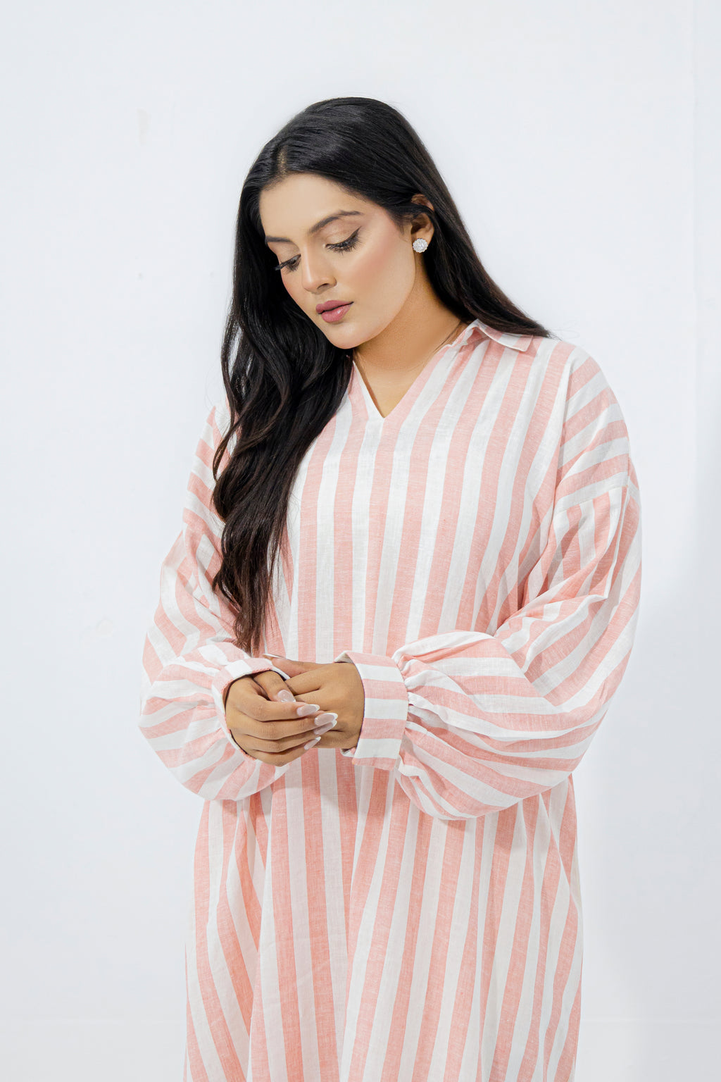 Blush Pink & White Striped Pure Irish Linen Relaxed Long Shirt