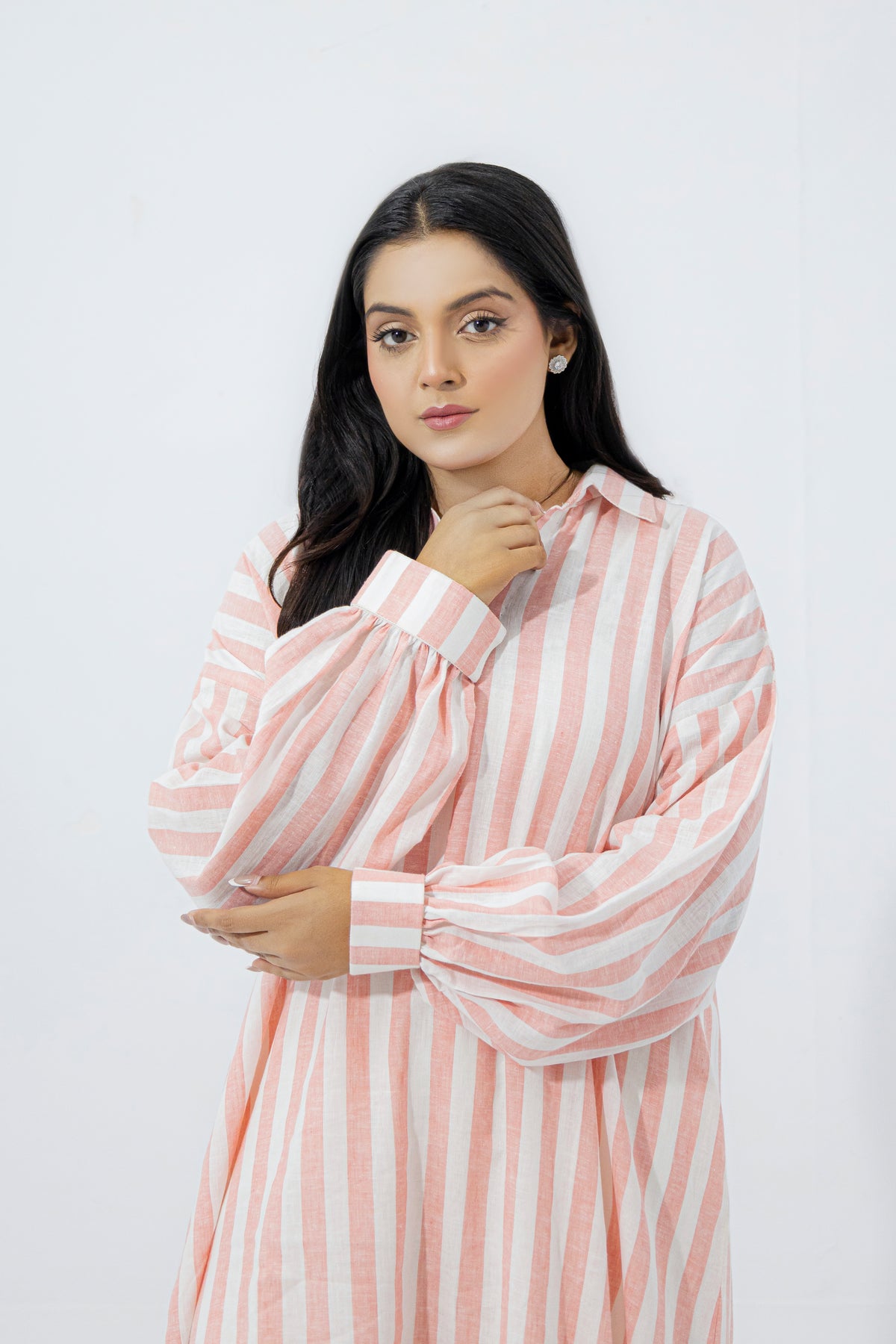 Blush Pink & White Striped Pure Irish Linen Relaxed Long Shirt