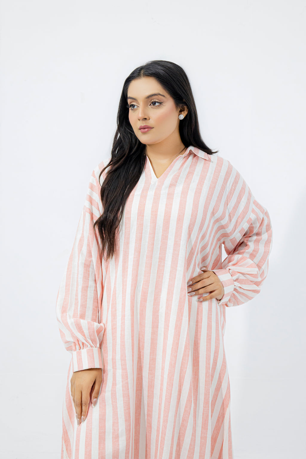Blush Pink & White Striped Pure Irish Linen Relaxed Long Shirt