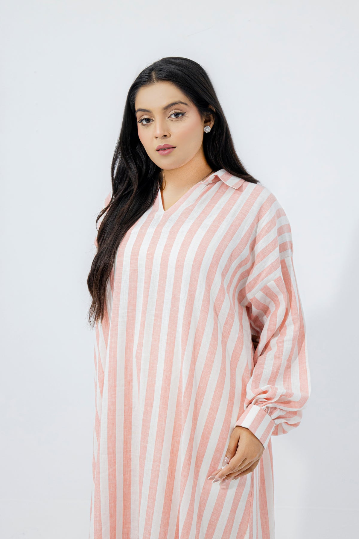 Blush Pink & White Striped Pure Irish Linen Relaxed Long Shirt