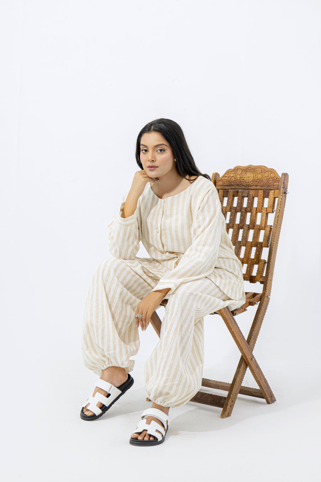 Sand & White Striped Pure Irish Linen Relaxed Co-ord Set