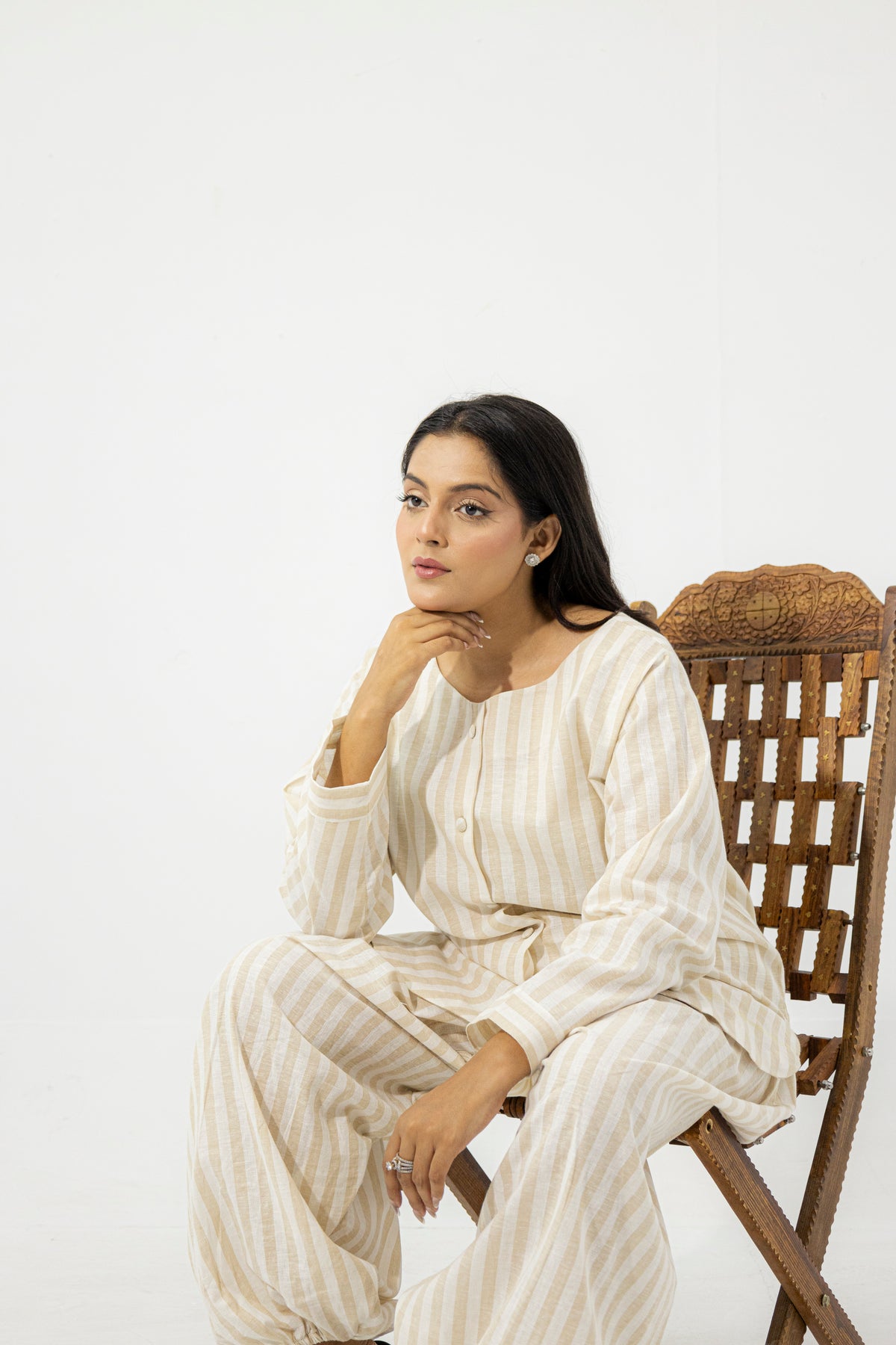 Sand & White Striped Pure Irish Linen Relaxed Co-ord Set