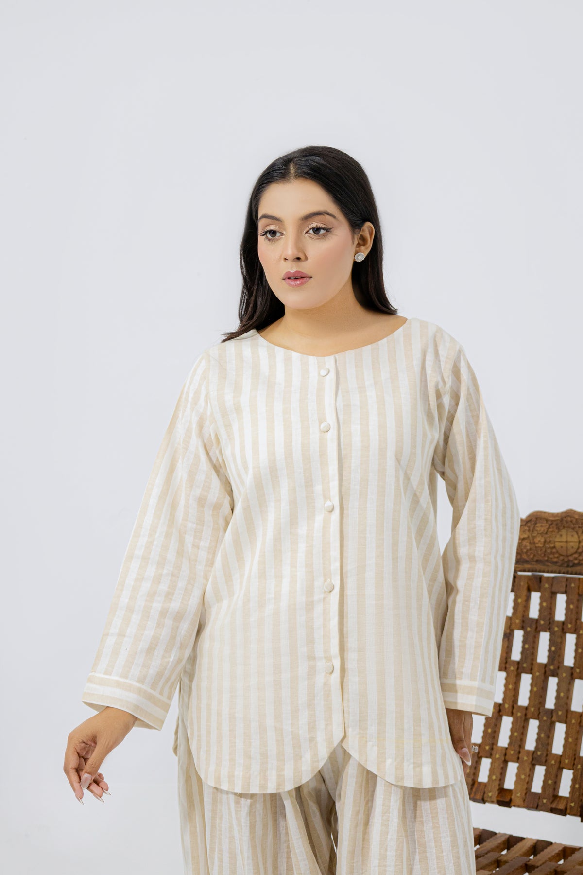 Sand & White Striped Pure Irish Linen Relaxed Co-ord Set