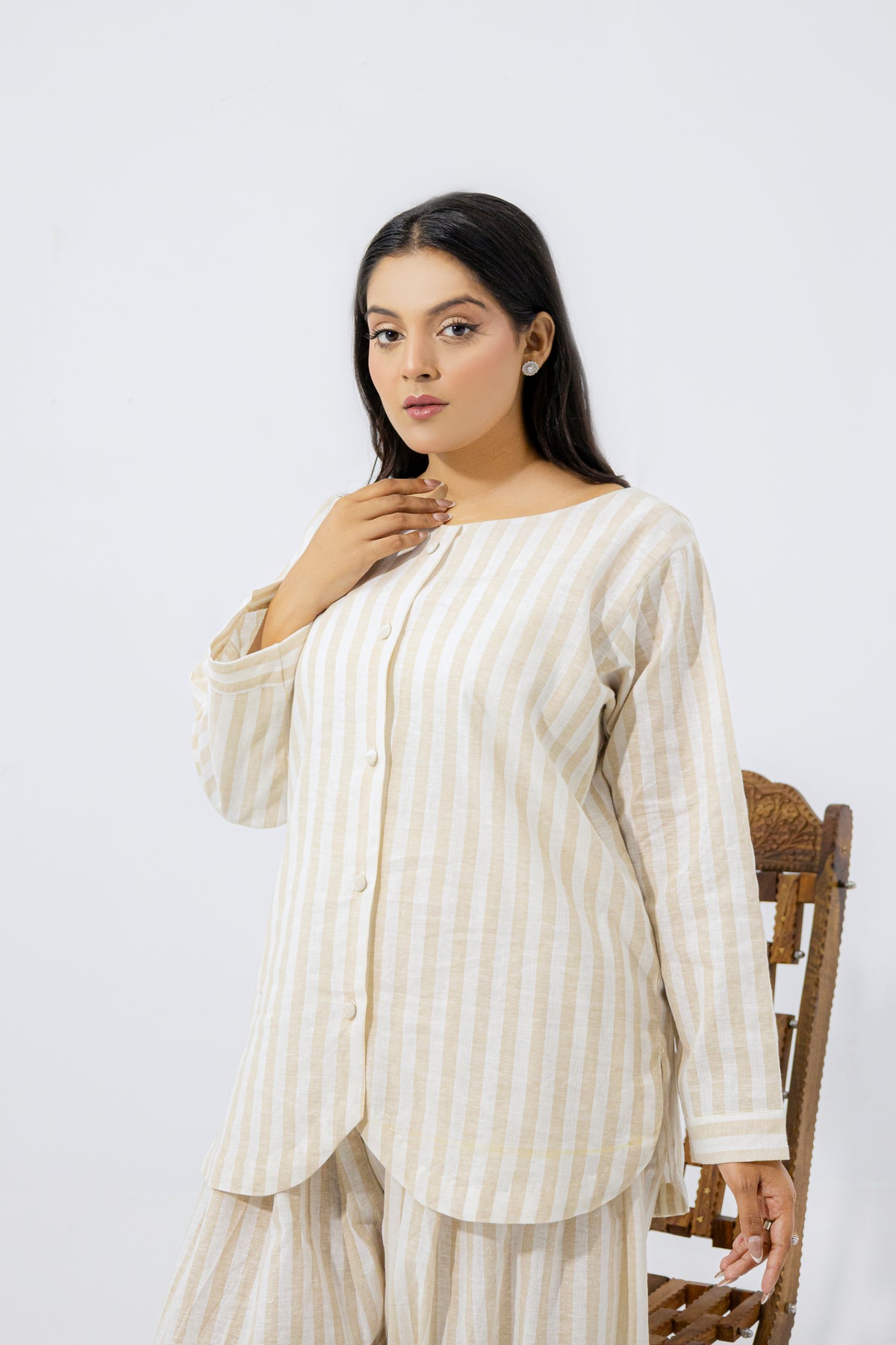 Sand & White Striped Pure Irish Linen Relaxed Co-ord Set