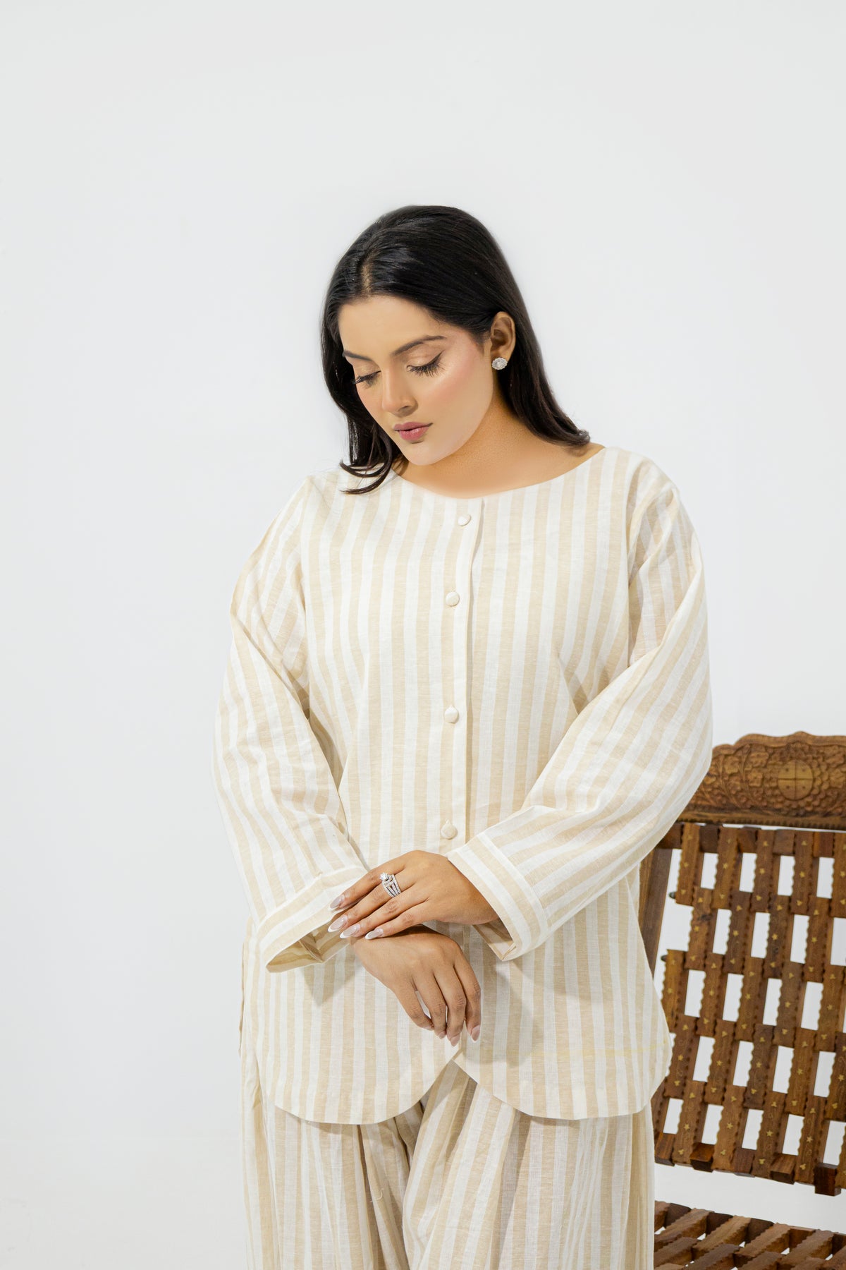 Sand & White Striped Pure Irish Linen Relaxed Co-ord Set