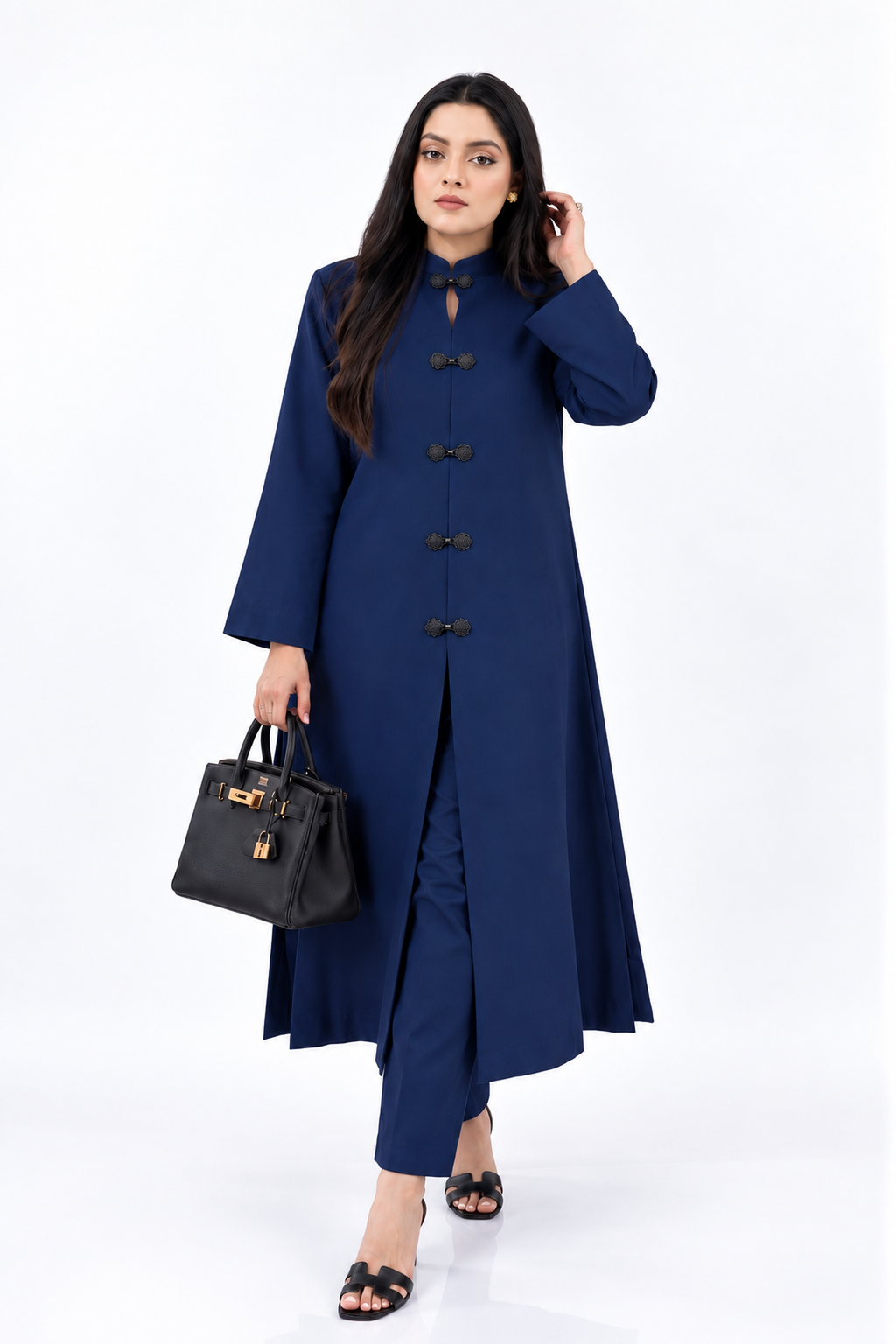 Midnight Blue Viral Irish Linen Mandarin Collar Co-ord Set