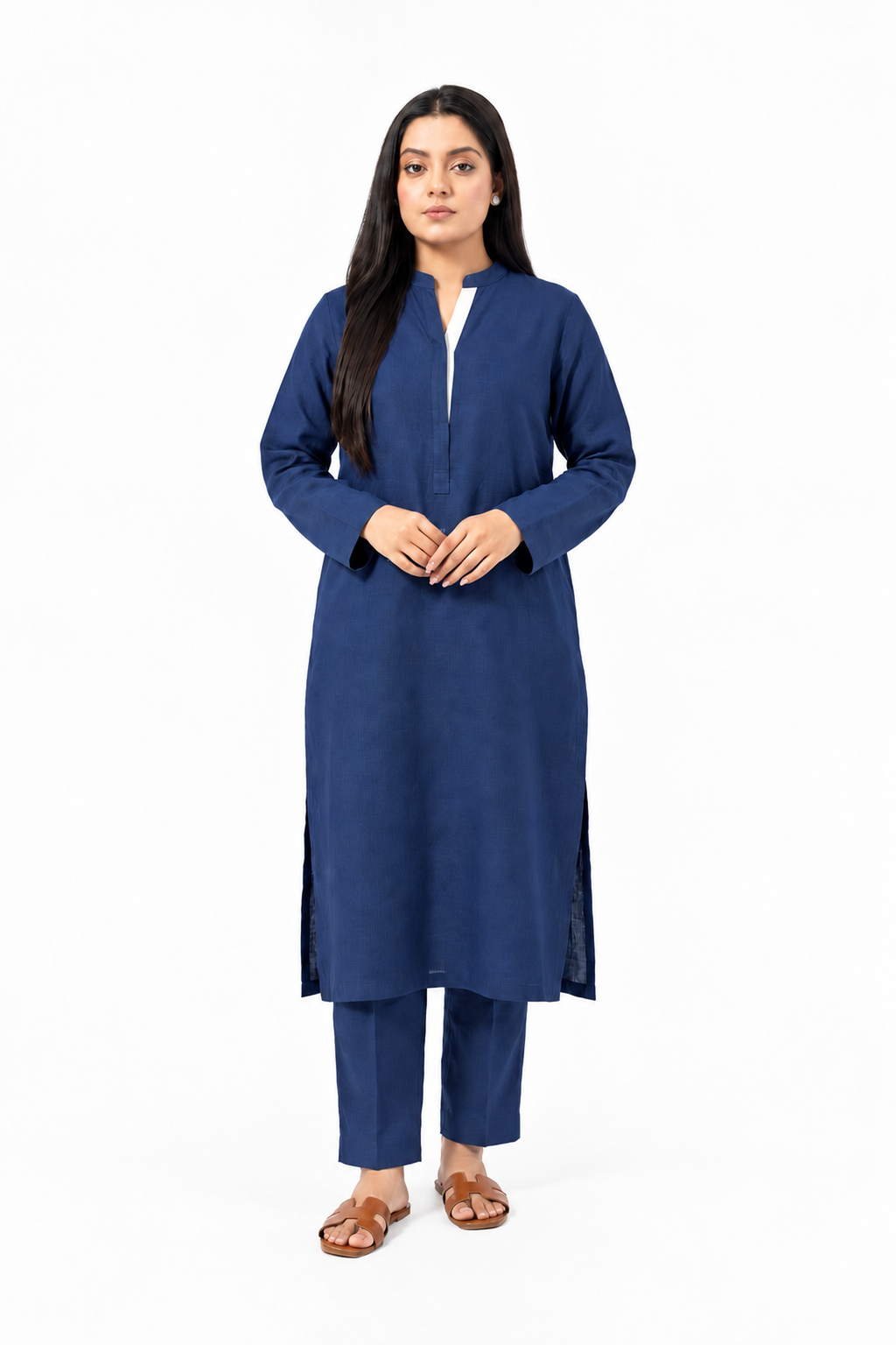 Navy Blue Solid Viral Irish Linen-Textured Straight Kurta with Trousers