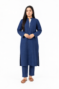 Navy Blue Solid Viral Irish Linen-Textured Straight Kurta with Trousers