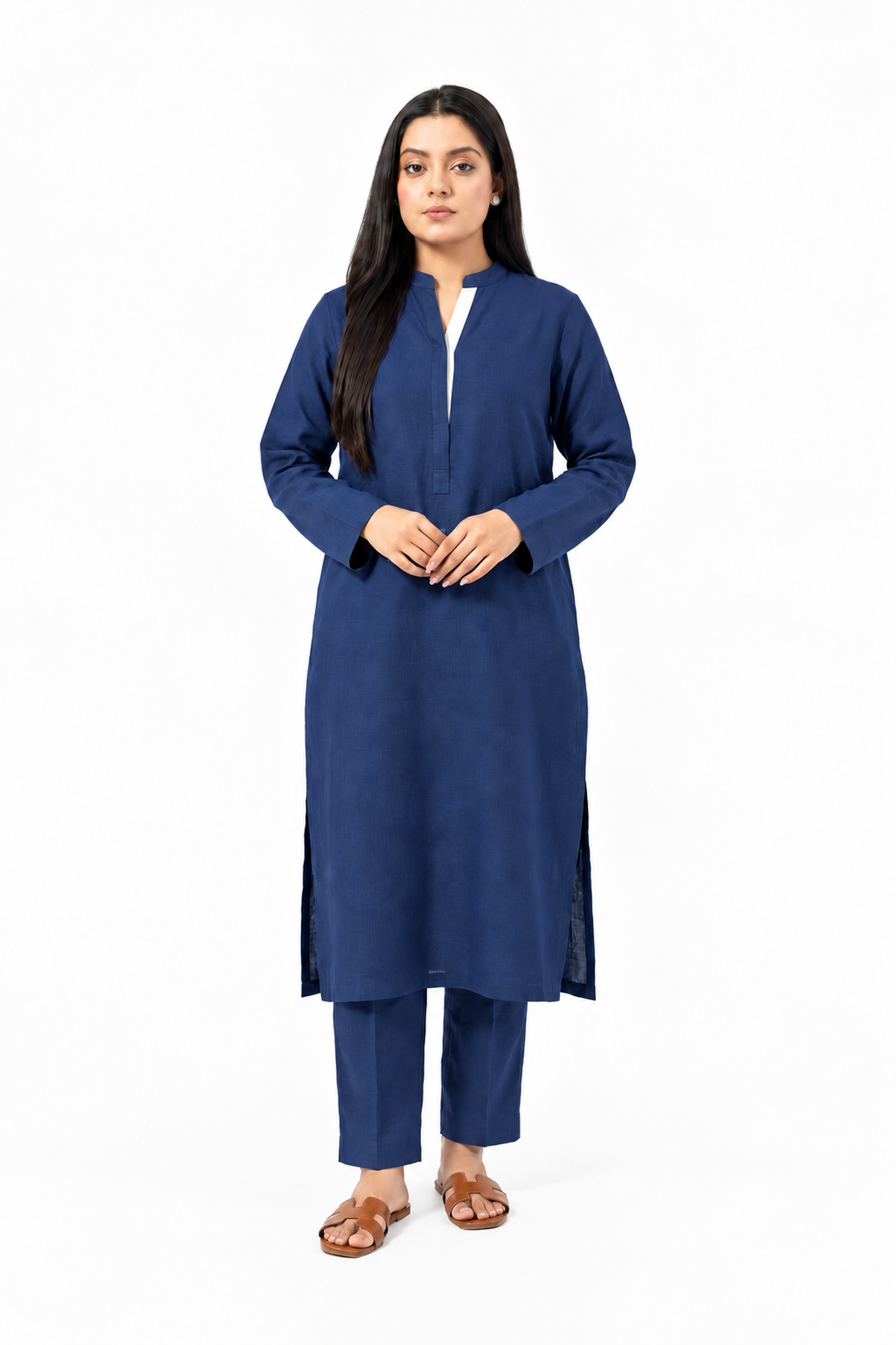 Navy Blue Solid Viral Irish Linen-Textured Straight Kurta with Trousers