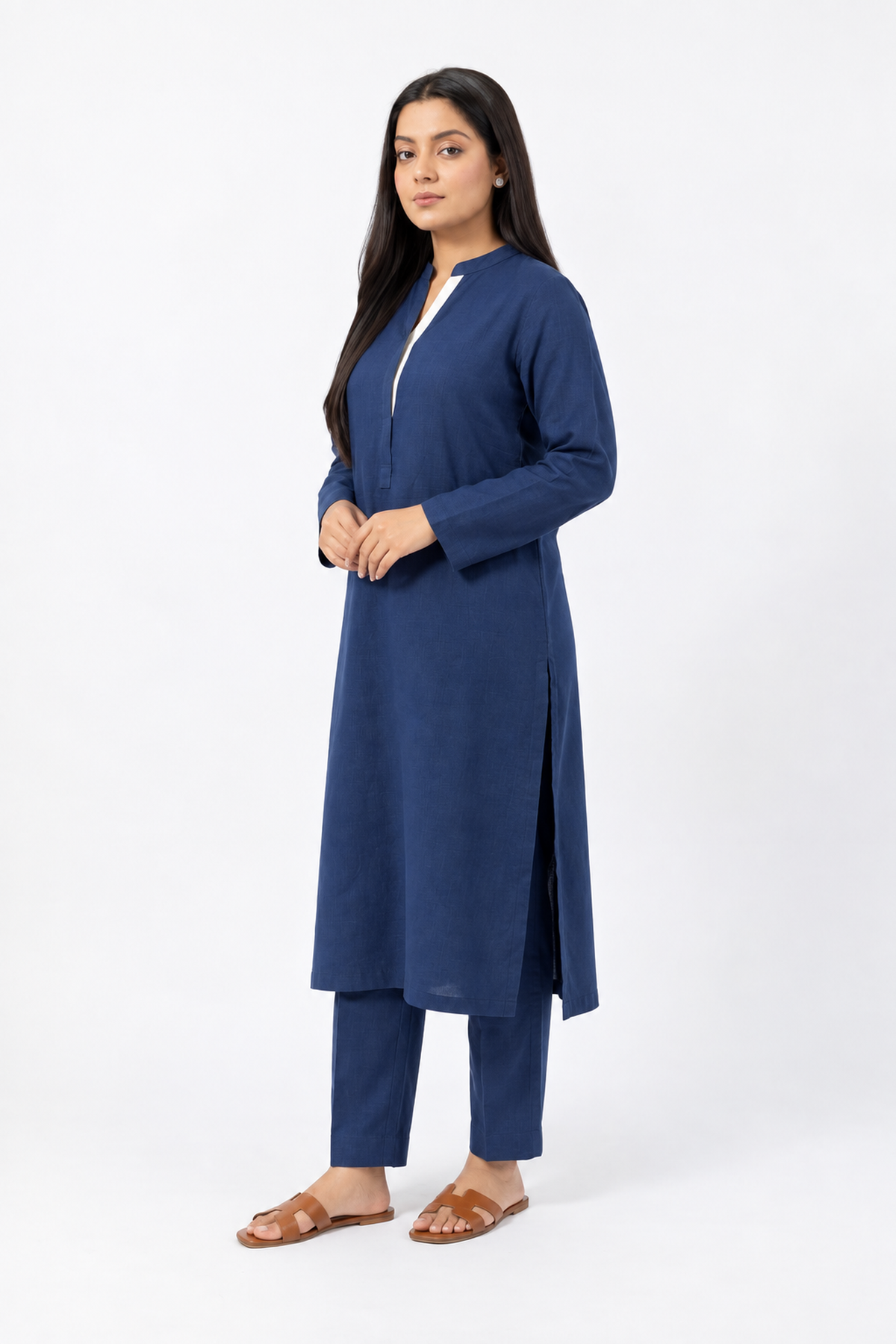 Navy Blue Solid Viral Irish Linen-Textured Straight Kurta with Trousers