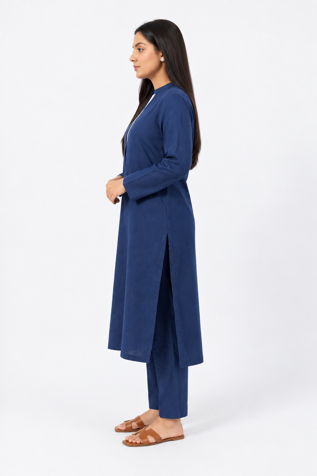 Navy Blue Solid Viral Irish Linen-Textured Straight Kurta with Trousers