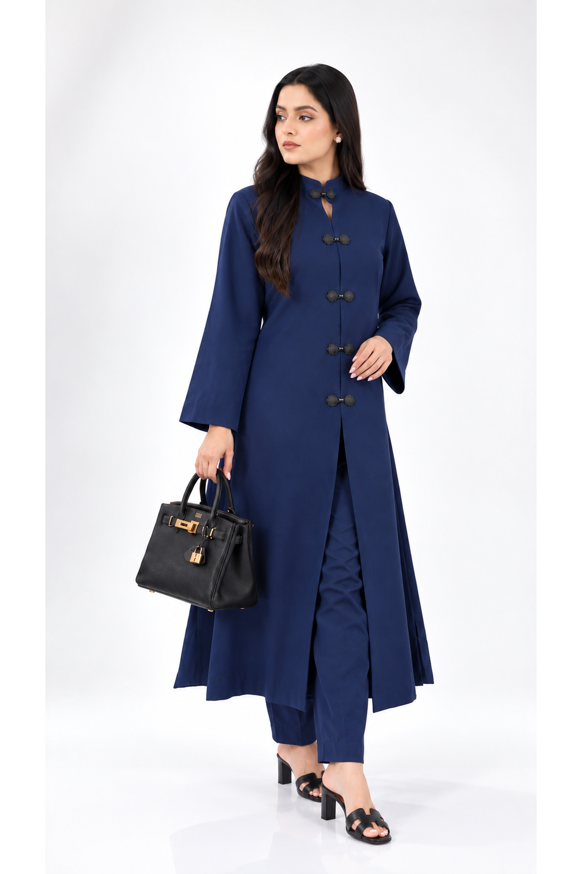 Midnight Blue Viral Irish Linen Mandarin Collar Co-ord Set