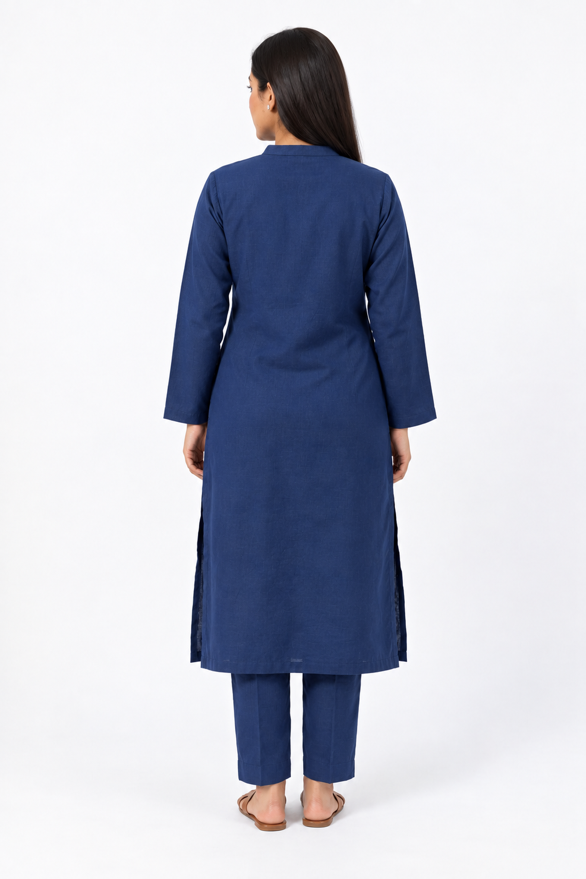 Navy Blue Solid Viral Irish Linen-Textured Straight Kurta with Trousers