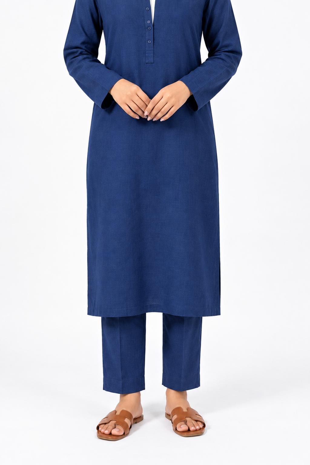 Navy Blue Solid Viral Irish Linen-Textured Straight Kurta with Trousers